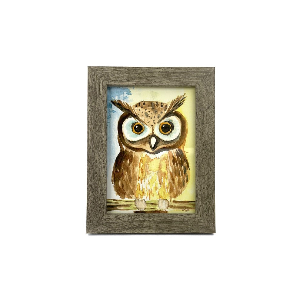 Framed artwork of an owl with a wooden frame on a white background.