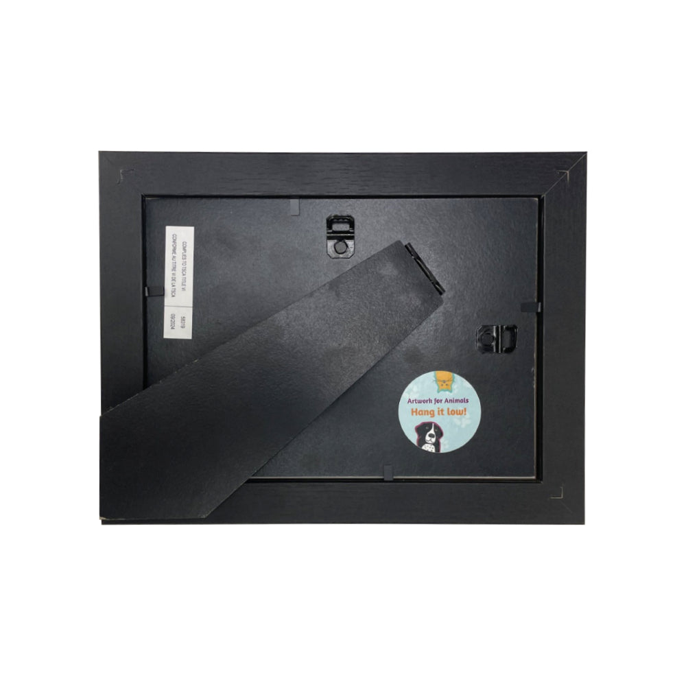 Back of black frame with easle backing.