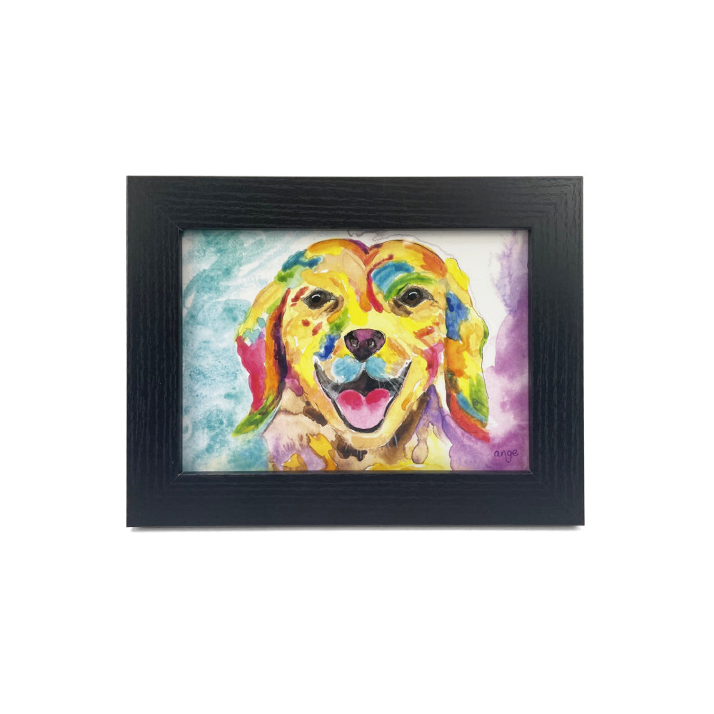 Framed colorful painting of a dog's face on a white background.