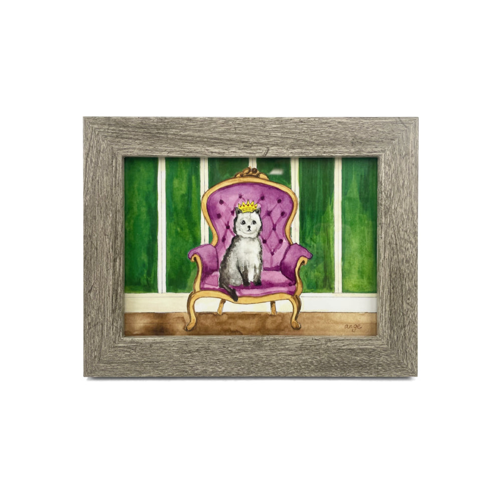 Framed artwork of a dog on a purple throne chair with green striped background on a white backround. 