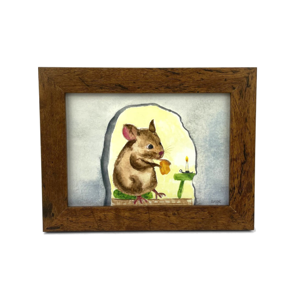 Framed artwork of a squirrel with a candle and gift, on a white background.