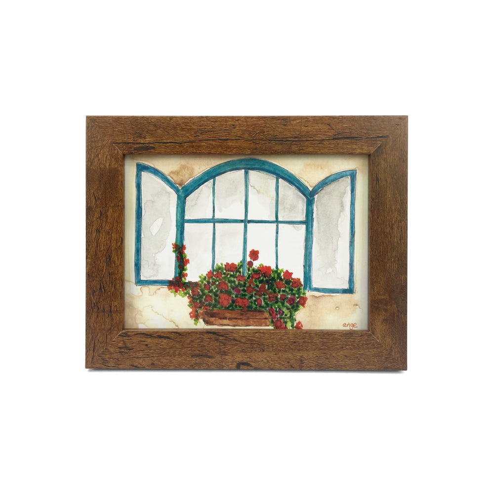 Framed artwork of a blue framed window with red flowers on a white background