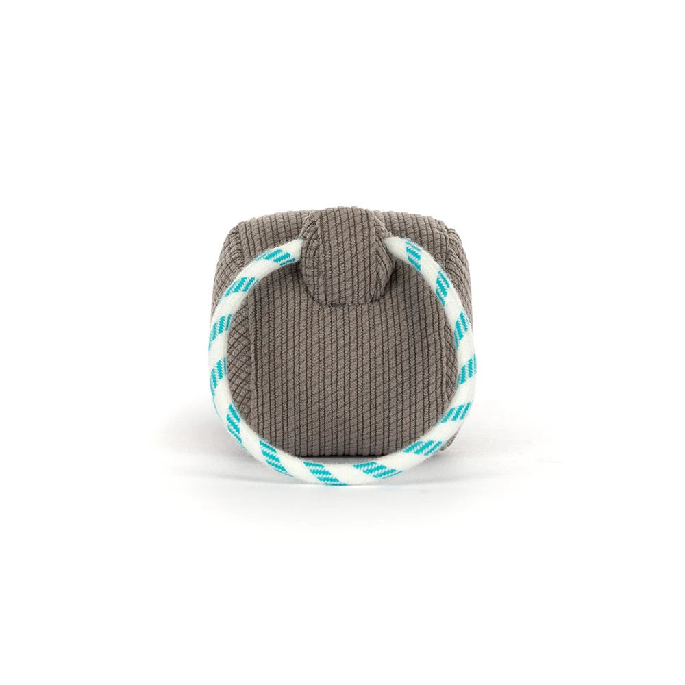 Back side of a Jellycat whistle with grey color on a white background. 
