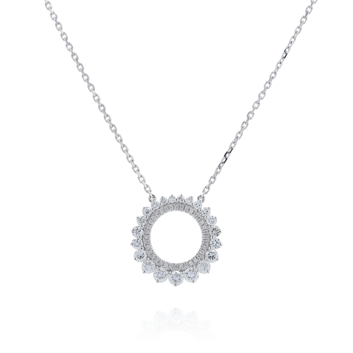 White gold double row open circle graduated diamond pendant necklace on a white background