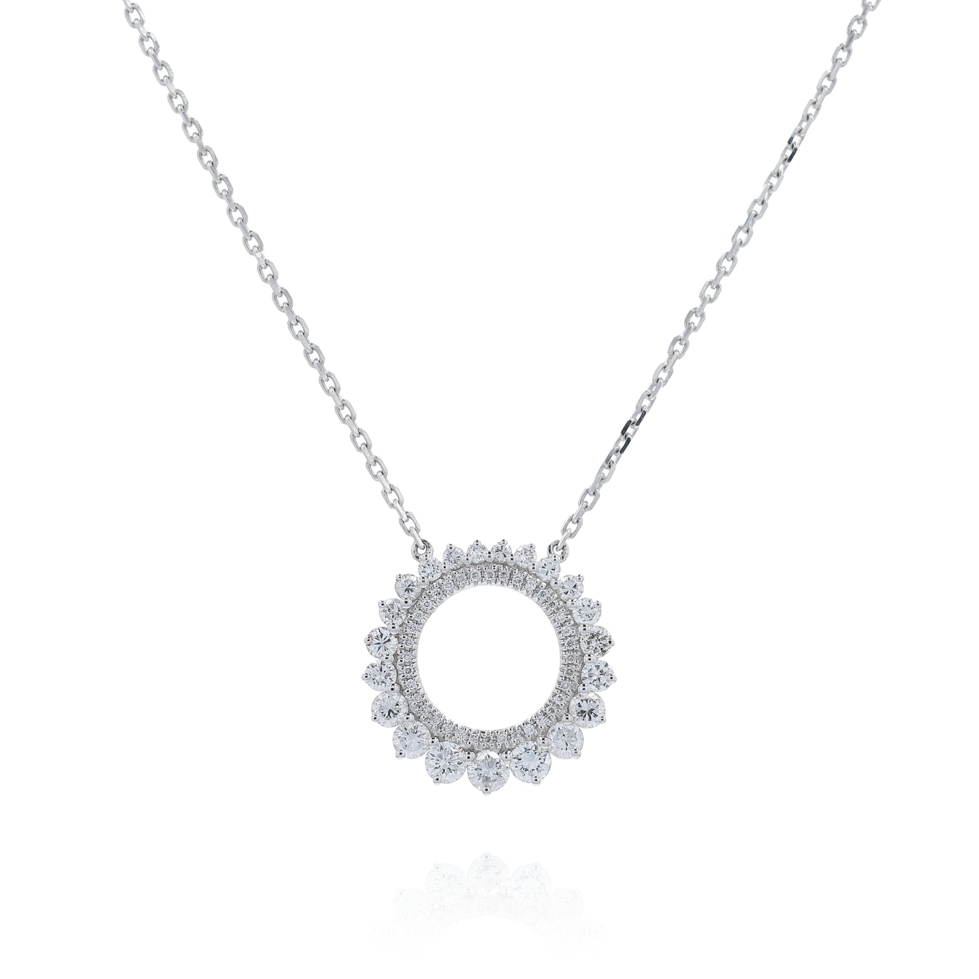 White gold double row open circle graduated diamond pendant necklace on a white background