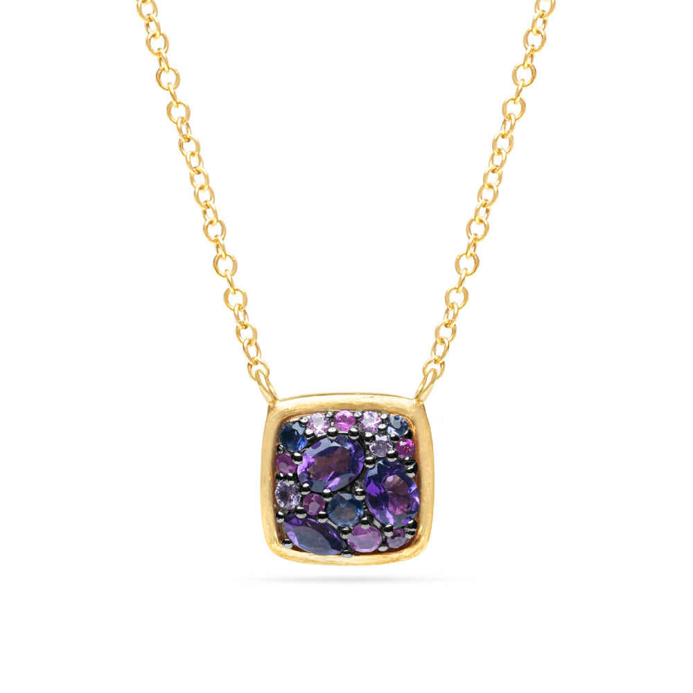 Gold necklace with a square pendant featuring purple gemstones on a white background