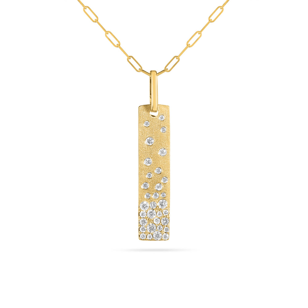 Gold necklace with a diamond-studded pendant on a white background