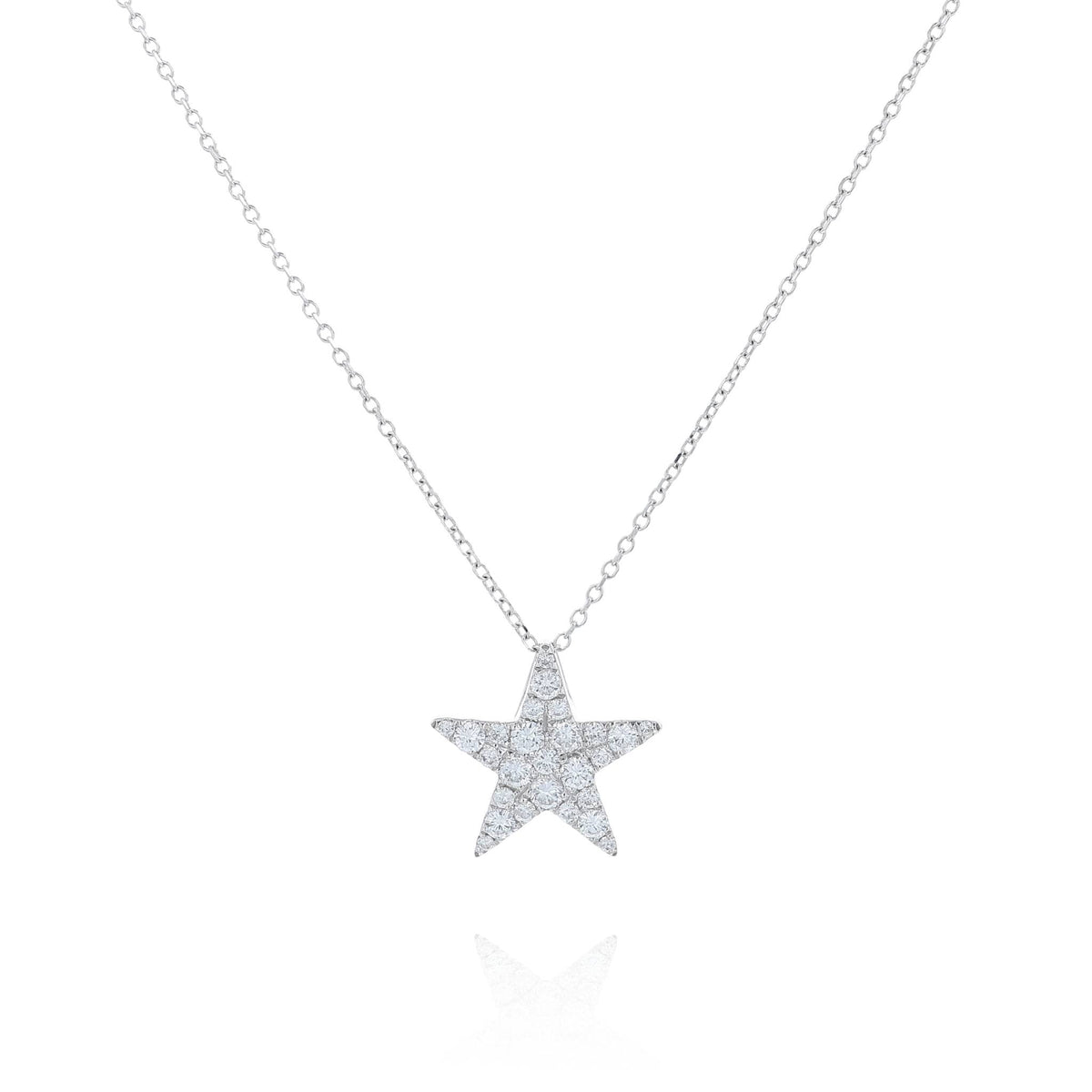 White gold star design pave diamond pendant necklace on a white background