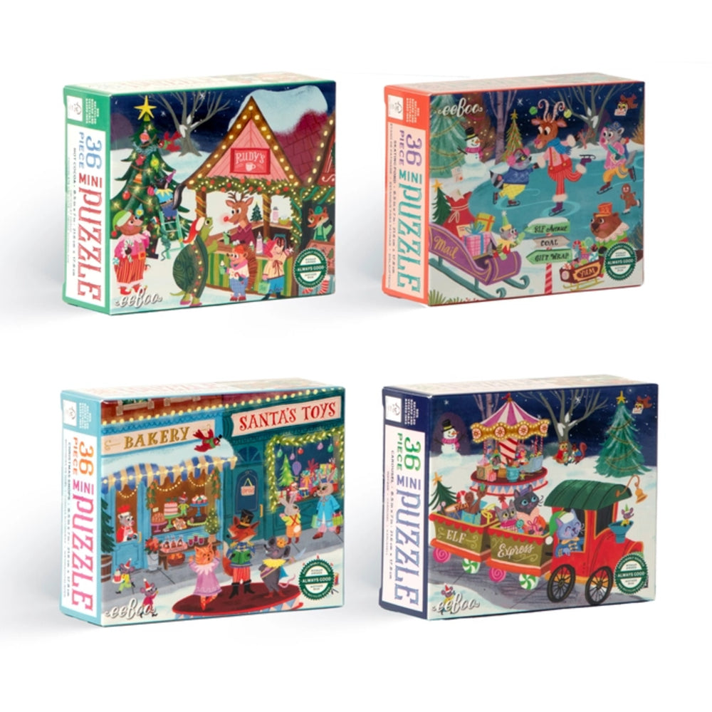 Four Christmas-themed puzzle boxes on a white background