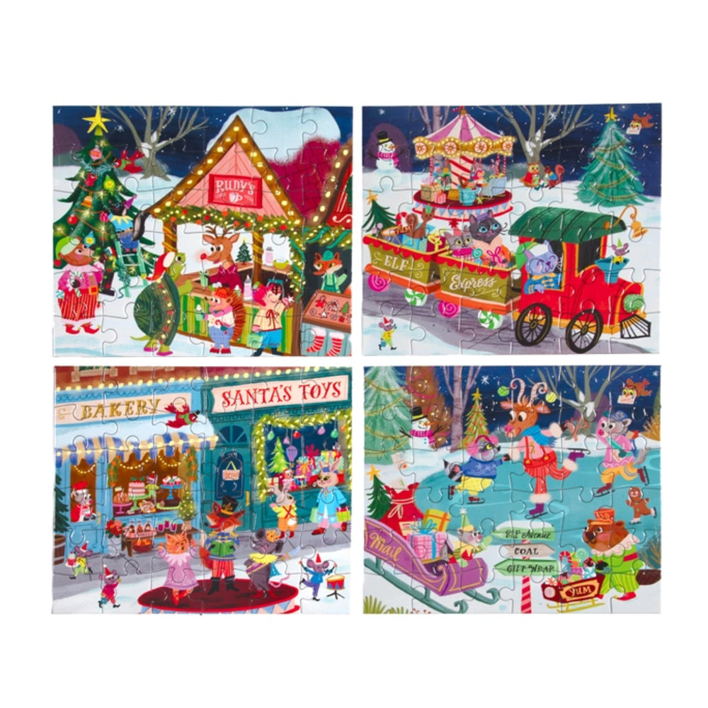 A 4-piece Christmas-themed jigsaw puzzle set featuring festive winter scenes: a decorated Christmas tree and market stall, a red carriage at a carousel, a Santa's toys bakery, and animals playing on an ice rink.