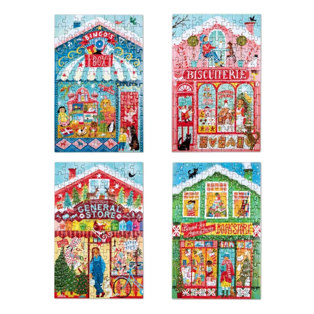 Four colorful jigsaw puzzle boxes arranged in a 2x2 grid on a white background, each showing a different whimsical shop scene: Singing Box, Biscuiterie, General Store, and Book Store.