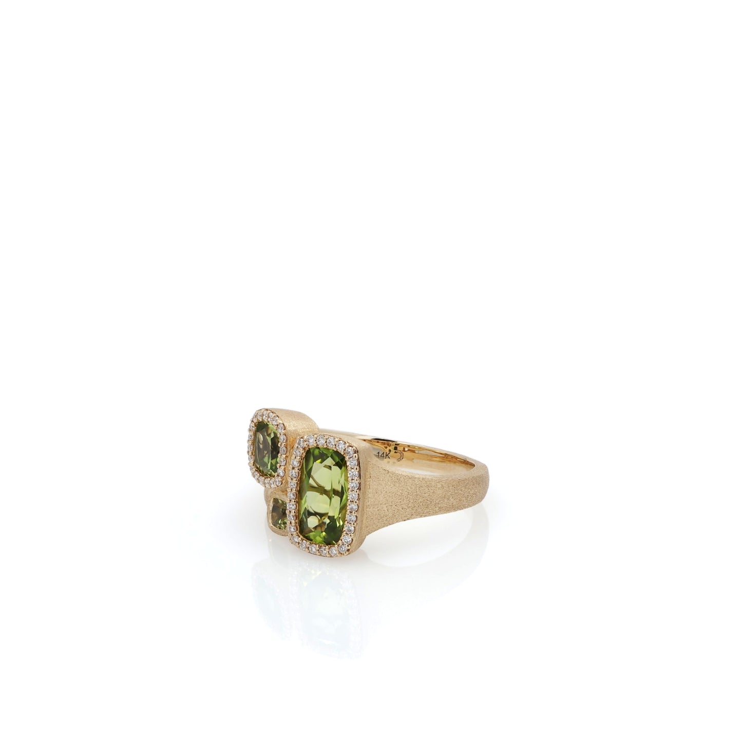 14k Yellow Gold Peridot and Diamond Halo Brushed Split Shank Ring