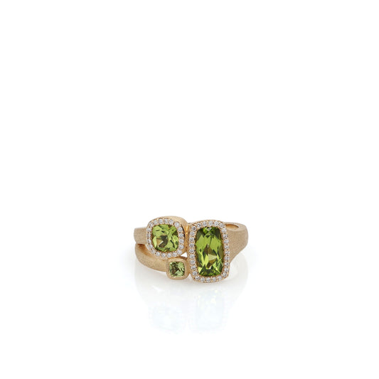 14k Yellow Gold Peridot and Diamond Halo Brushed Split Shank Ring