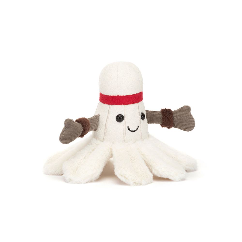 White plush toy resembling a badminton birdie with grey arms and a smily face on a white backround