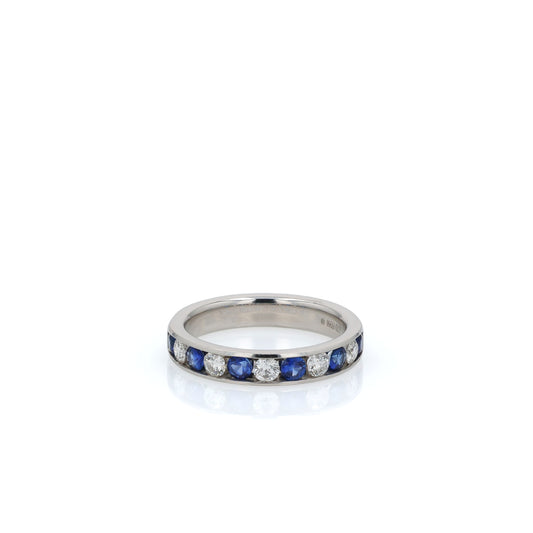 Platinum Alternating Round Sapphire and Diamond Halfway Wedding Band