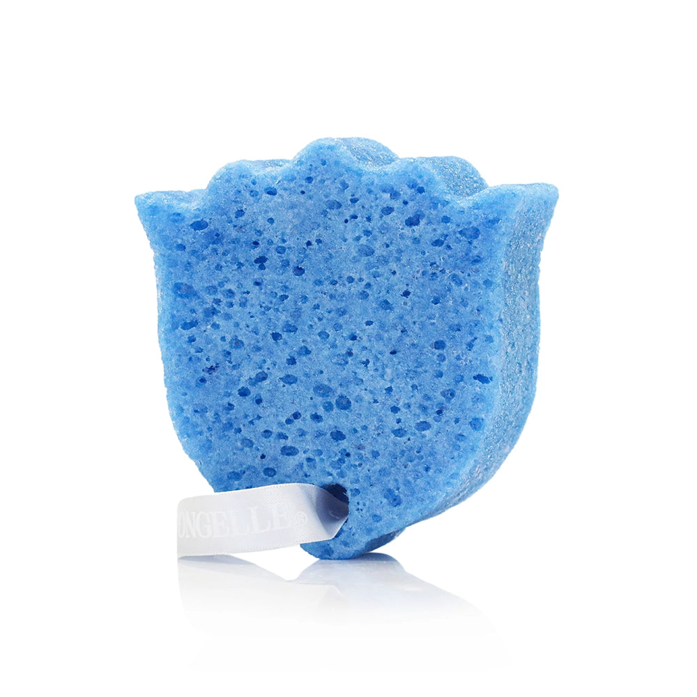 Blue cat-shaped sponge on a white background