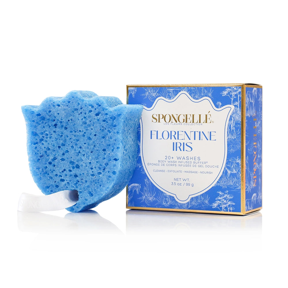 Blue bath sponge with packaging labeled 'Spongellé Florentine Iris' on a white background