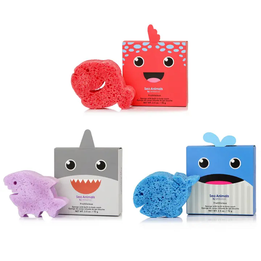 Set of colorful bath sponges with cartoon packaging on a white background