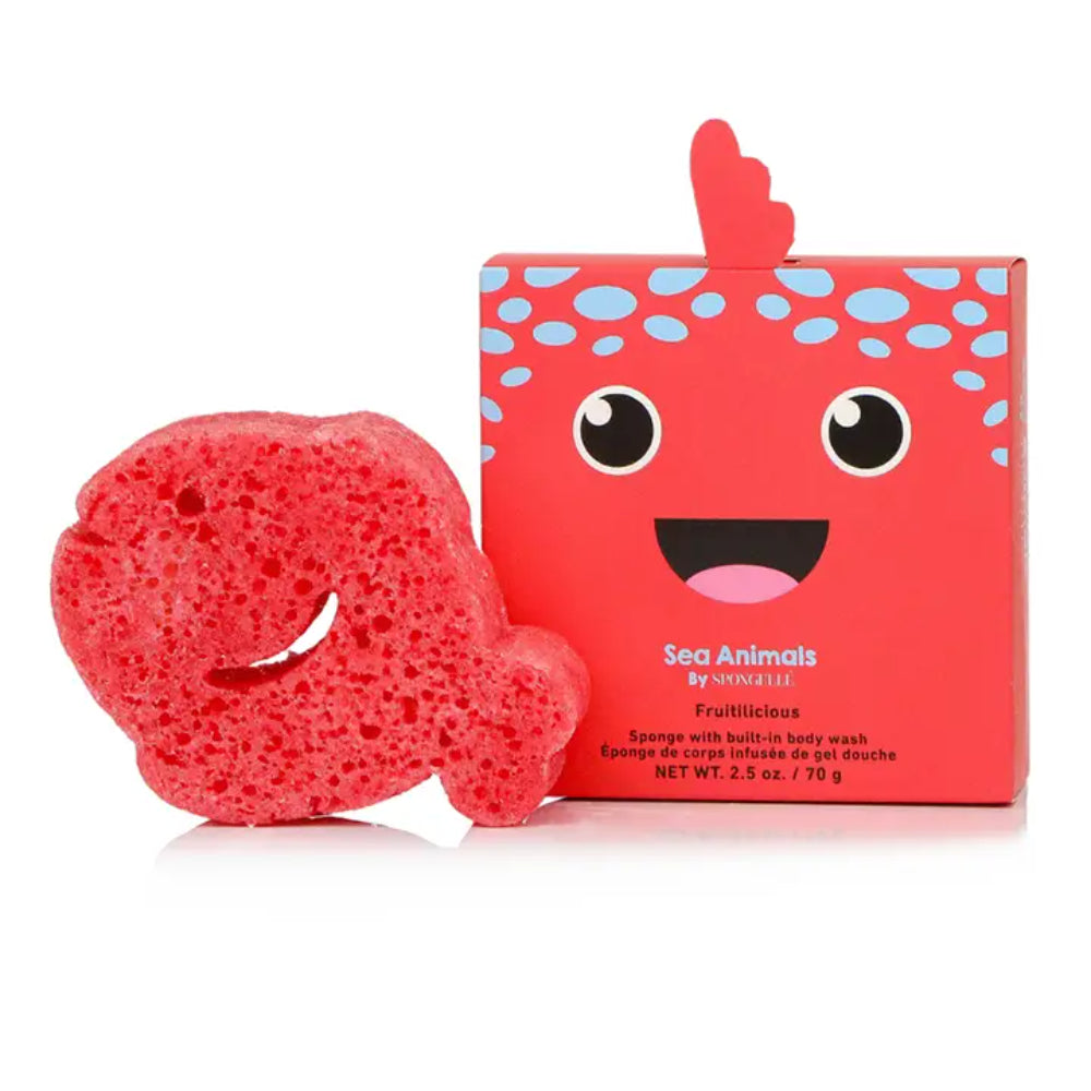 Red sponge with a cartoon face and packaging labeled 'Sea Animals' on a white background