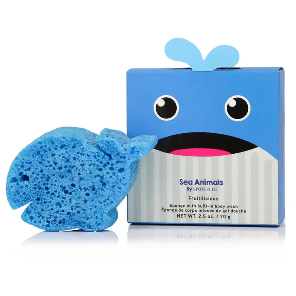 Blue sponge with built-in body wash and packaging resembling a whale on a white background