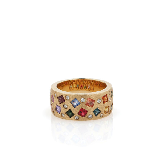 14k Yellow Gold Mosaic Style Multi-Color Sapphire and Diamond Band