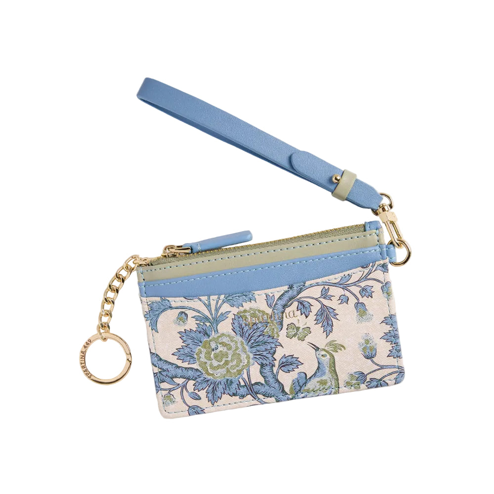 A small zip card holder pouch with a blue floral patterned body, a light blue wrist strap, and gold-tone chain and hardware, shown on a plain white background.