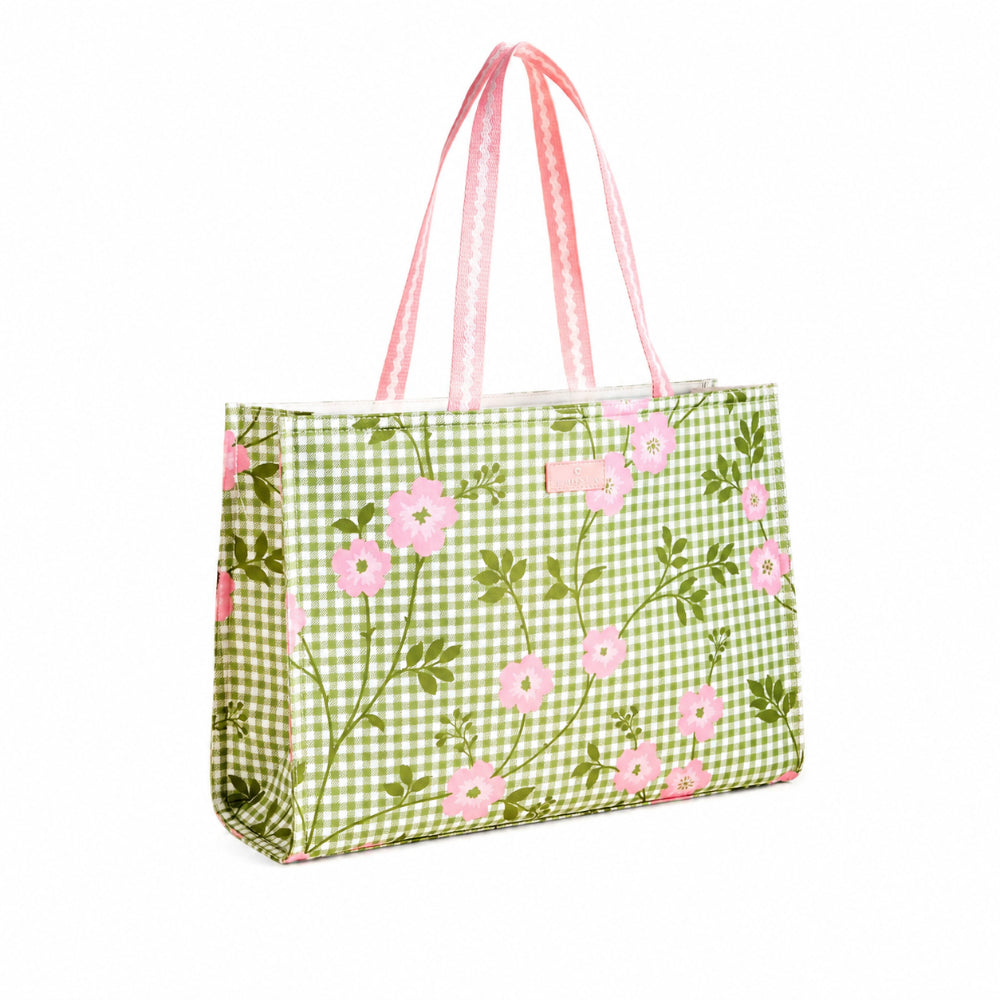 Pink and green floral tote bag