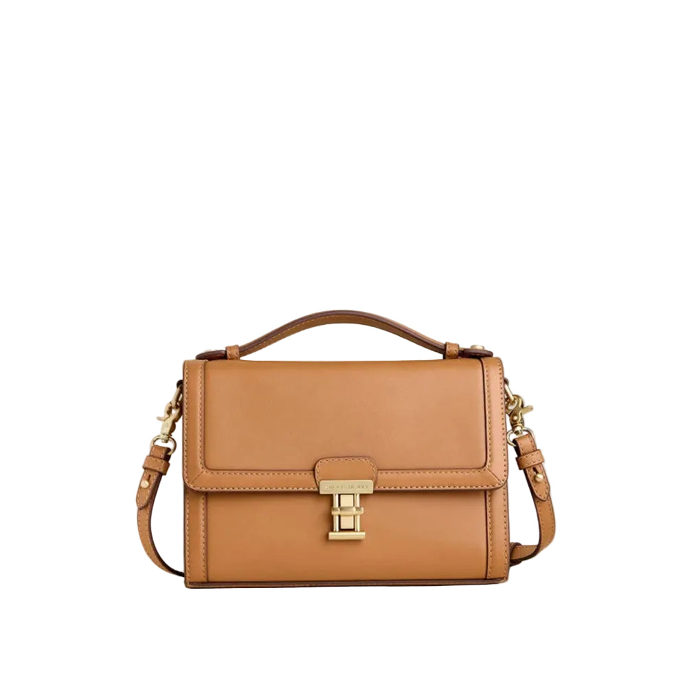 A tan leather handbag with a top handle, a detachable shoulder strap, and a gold-tone metal clasp on a white background.