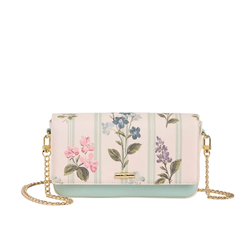 Handbag with a floral print over stripes and a gold tone chain strap on a white background