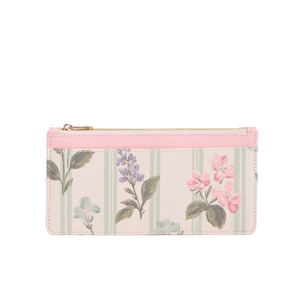 A small zip pouch with a pastel pink floral and striped pattern, featuring a gold zipper, set against a solid cream background.