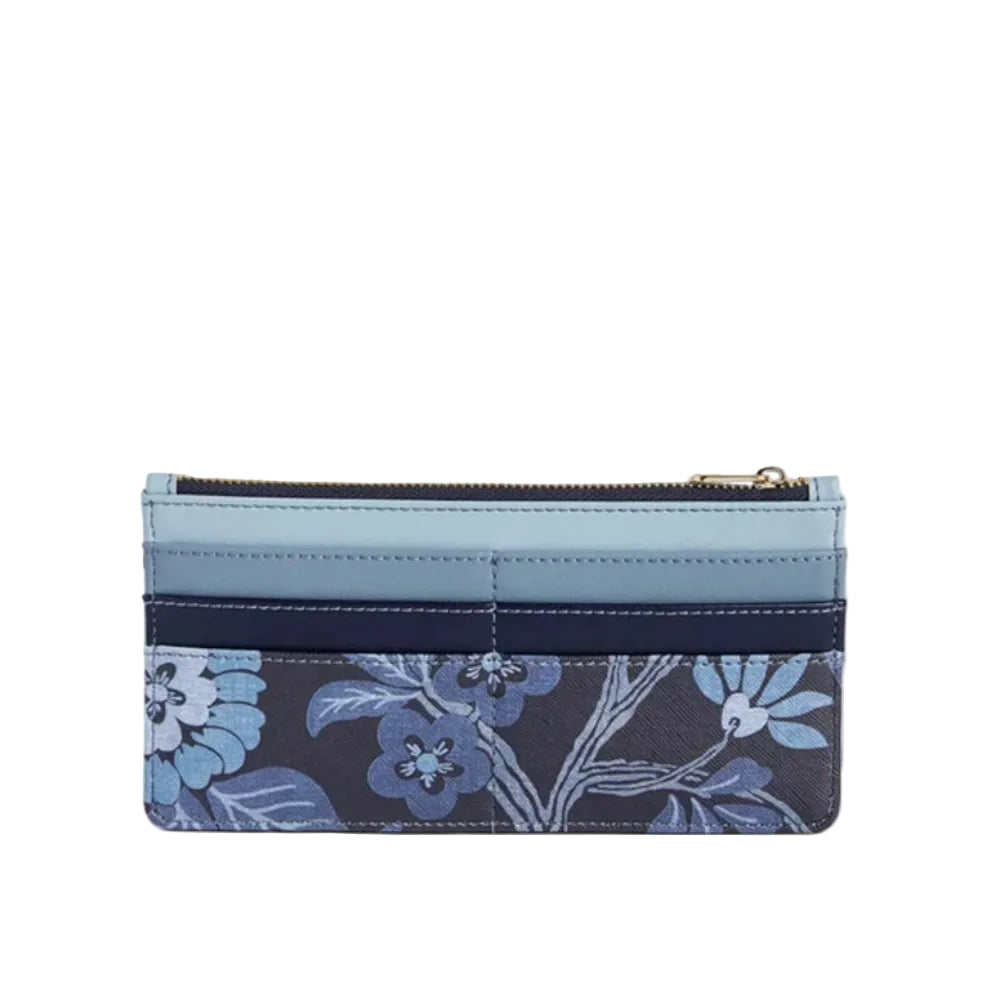 A small zippered card holder or wallet with a light blue top section and a navy blue bottom section featuring a blue floral pattern, shown on a plain light beige background.