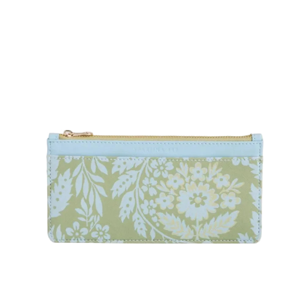 A slim zippered pouch featuring a light blue and sage green floral pattern, with a light blue top border and a gold zipper pull, set against a plain white background.