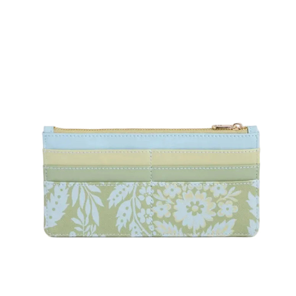 A small zip-around pouch with a striped and floral pattern design in pastel shades of light blue, sage green, and cream, featuring a gold zipper.