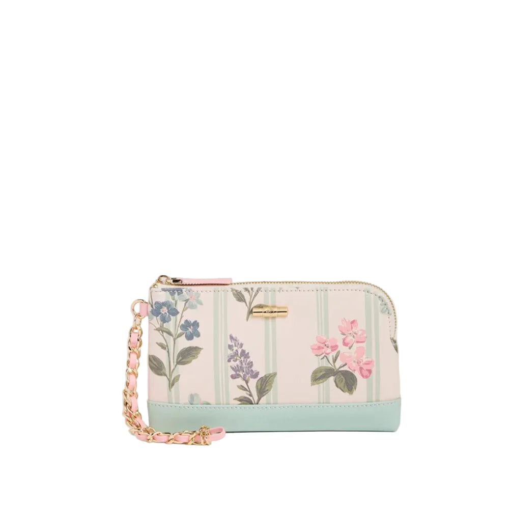 A pastel floral zip-around pouch with a mint green base, featuring pink, purple, and blue botanical illustrations on a white background with vertical stripes, finished with a pink beaded chain strap.
