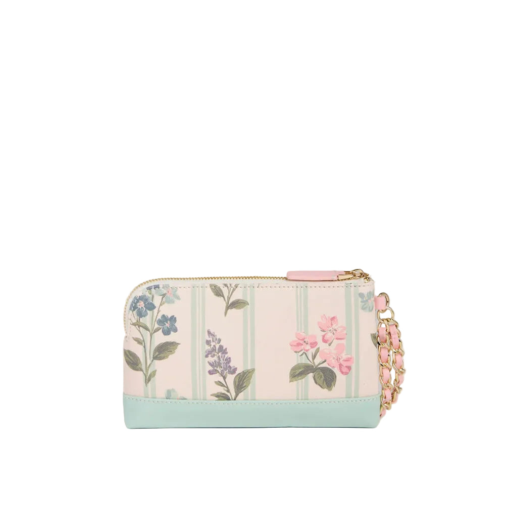A pastel zip-around wallet with a floral and striped pattern, featuring a light blue base, gold-tone hardware, and a pink floral wristlet charm, set against a white background.