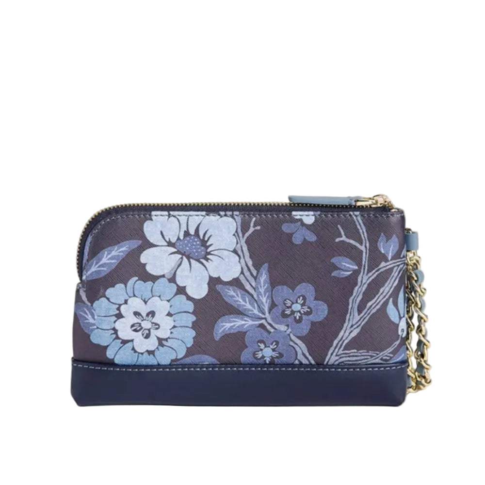 A small zip-around pouch with a navy blue base and a floral print in shades of blue and white, featuring a gold-tone chain strap and a navy blue zipper pull, set against a white background.