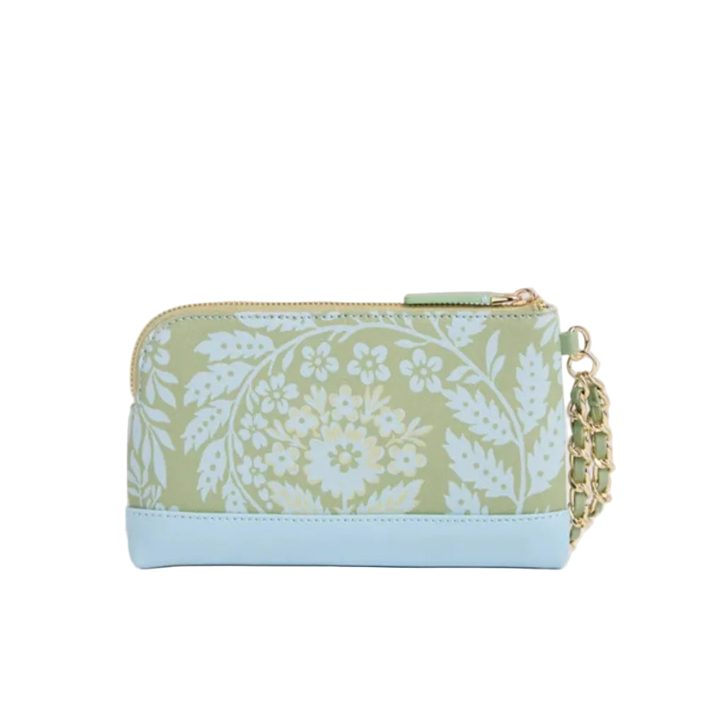 A small zip-around pouch with a floral print in sage green and white, featuring a solid light blue base at the bottom and a gold-tone chain strap, shown against a plain beige background.