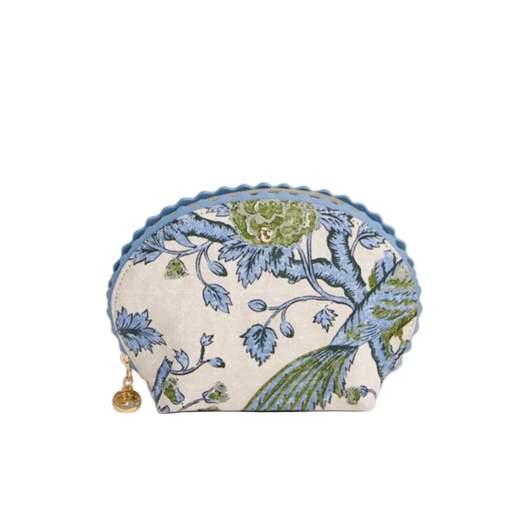 A small zippered pouch with a scalloped blue edge, featuring an embroidered floral and bird pattern in blue and green on a light beige fabric background, with a small gold charm.