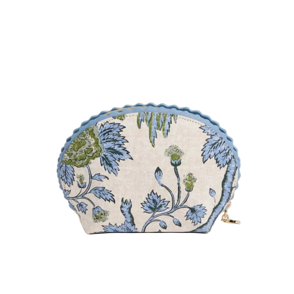 A small semi-circular zip pouch with a scalloped blue edge, featuring a cream fabric body decorated with blue and green floral embroidery, shown against a solid white background.