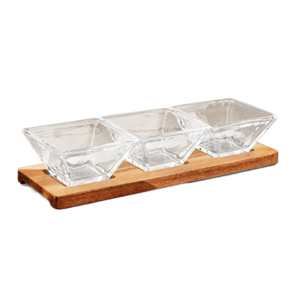 Badash Hostess Set - 4 pc With 3 Glass Condiment or Dip Bowls on a Wood Tray