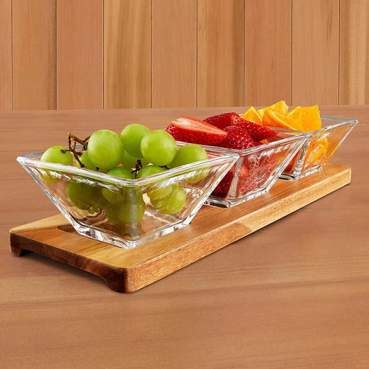 Badash Hostess Set - 4 pc With 3 Glass Condiment or Dip Bowls on a Wood Tray