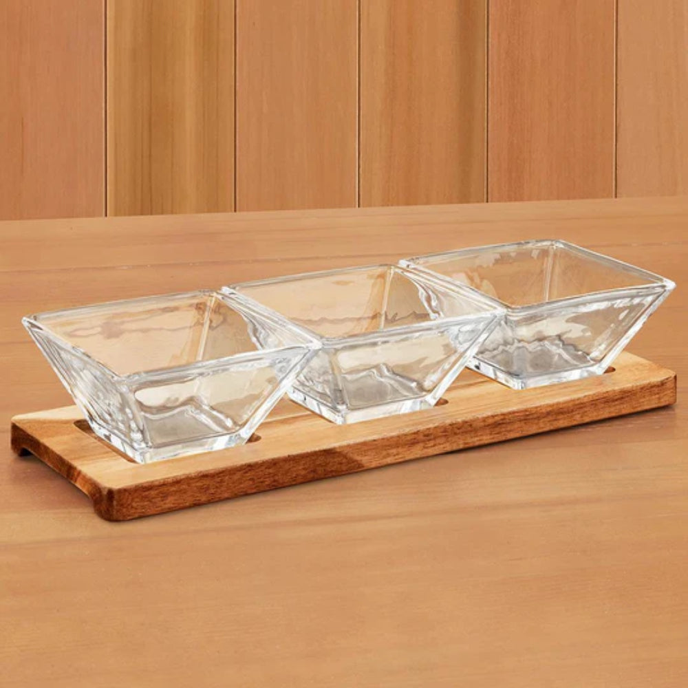 Badash Hostess Set - 4 pc With 3 Glass Condiment or Dip Bowls on a Wood Tray