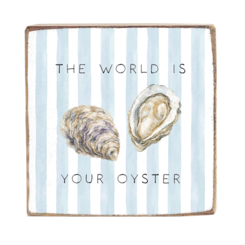 Striped fabric with oyster shells and 'The World Is Your Oyster' text