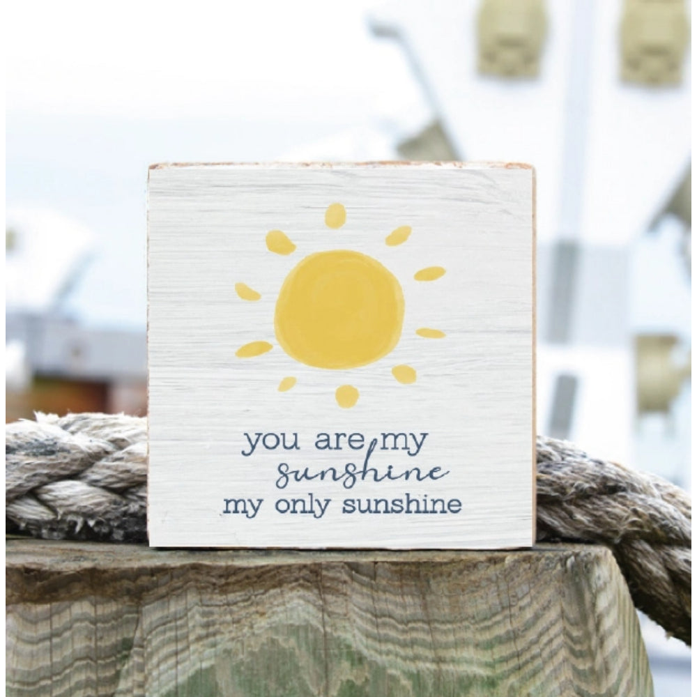 White wooden square block sign with a sun illustration and text 'you are my sunshine, my only sunshine' on a blurred natural background.
