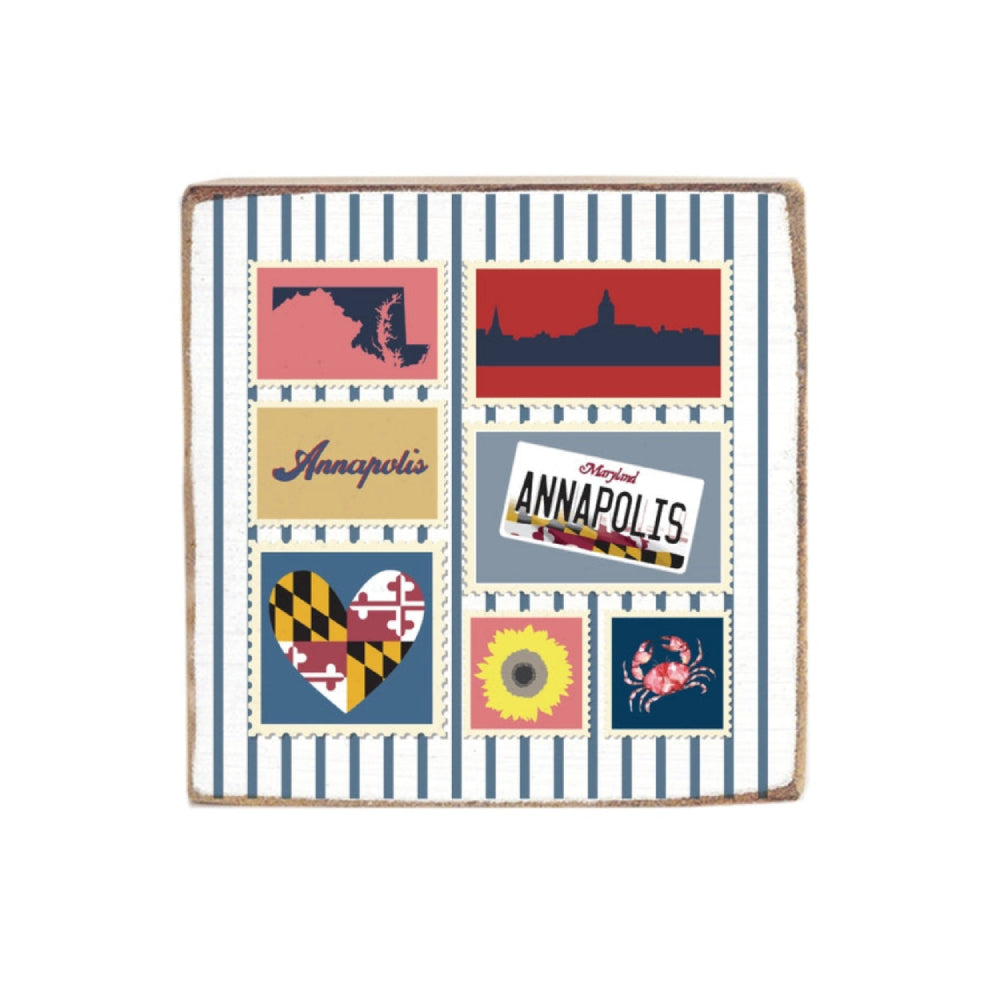 A white and blue striped wood decorative square block sign with maryland-themed postage stamps featuring icons and text about annapolis, maryland  on a white background.