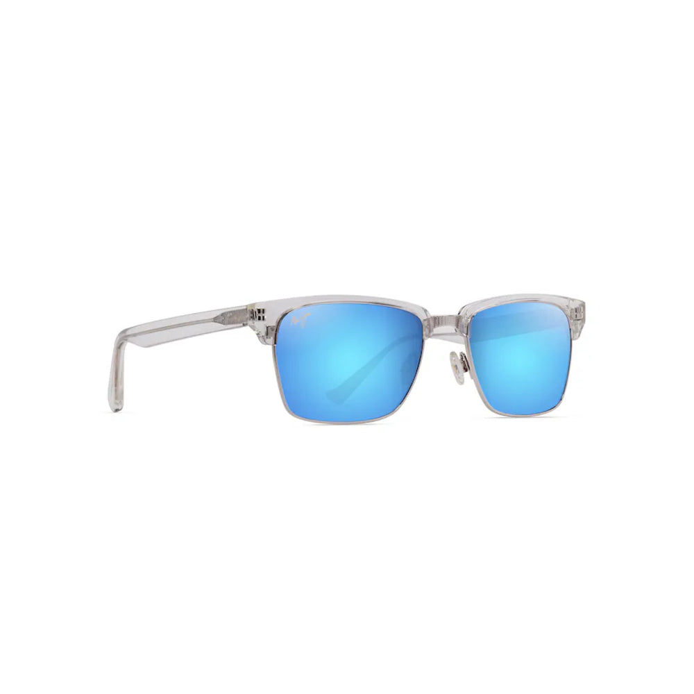 Sunglasses with blue lenses and clear frame on a white background