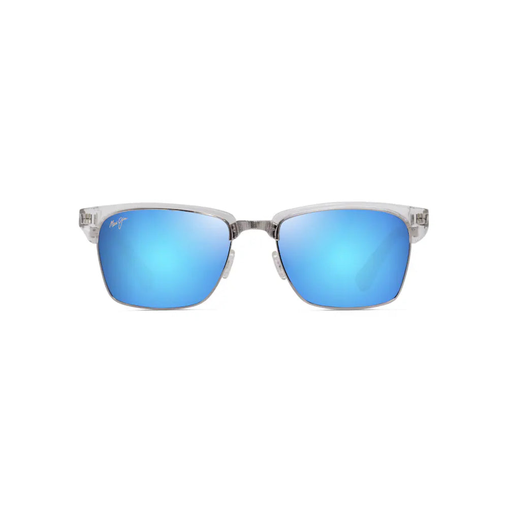 Sunglasses with blue lenses and clear frame on a white background