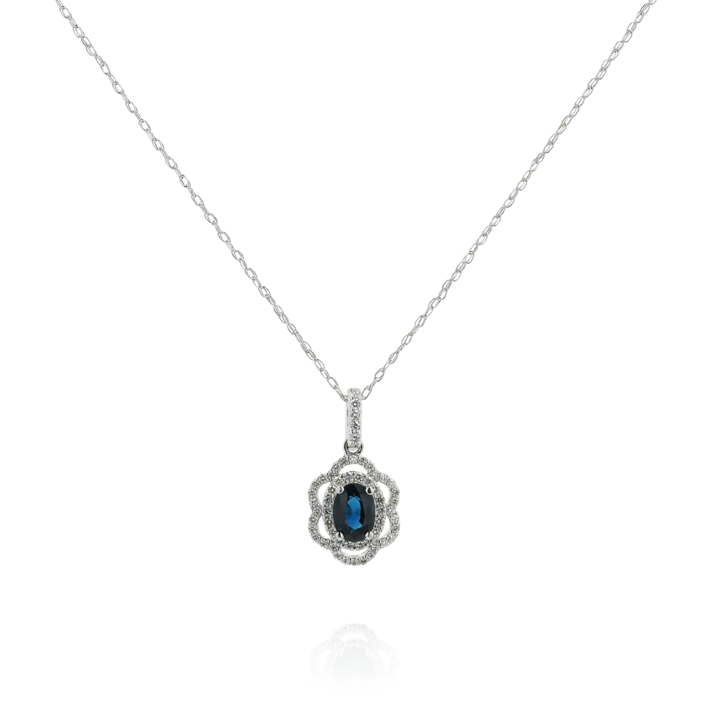 14k White Gold Sapphire and Diamond Scalloped Double Halo Pendant Necklace