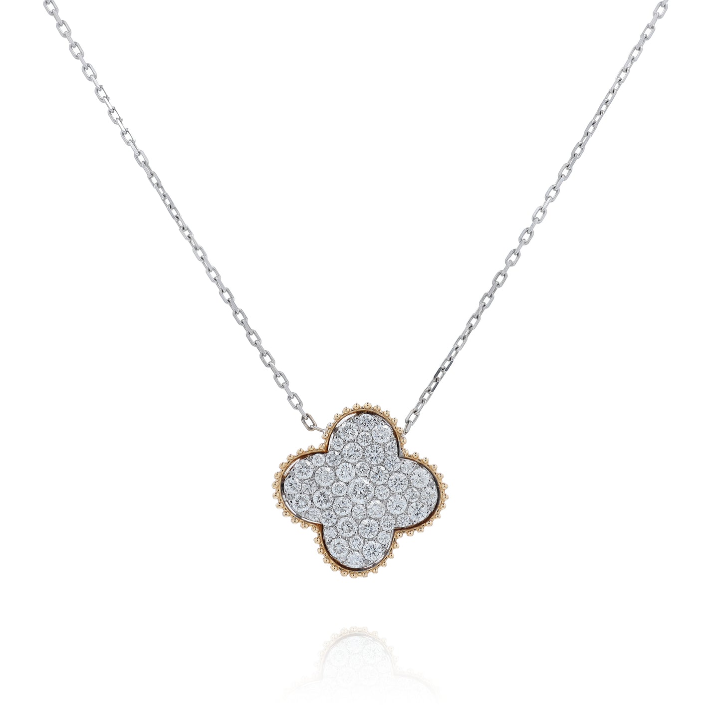 14k two-tone beaded edge quatrefoil pave diamond pendant necklace on a white background