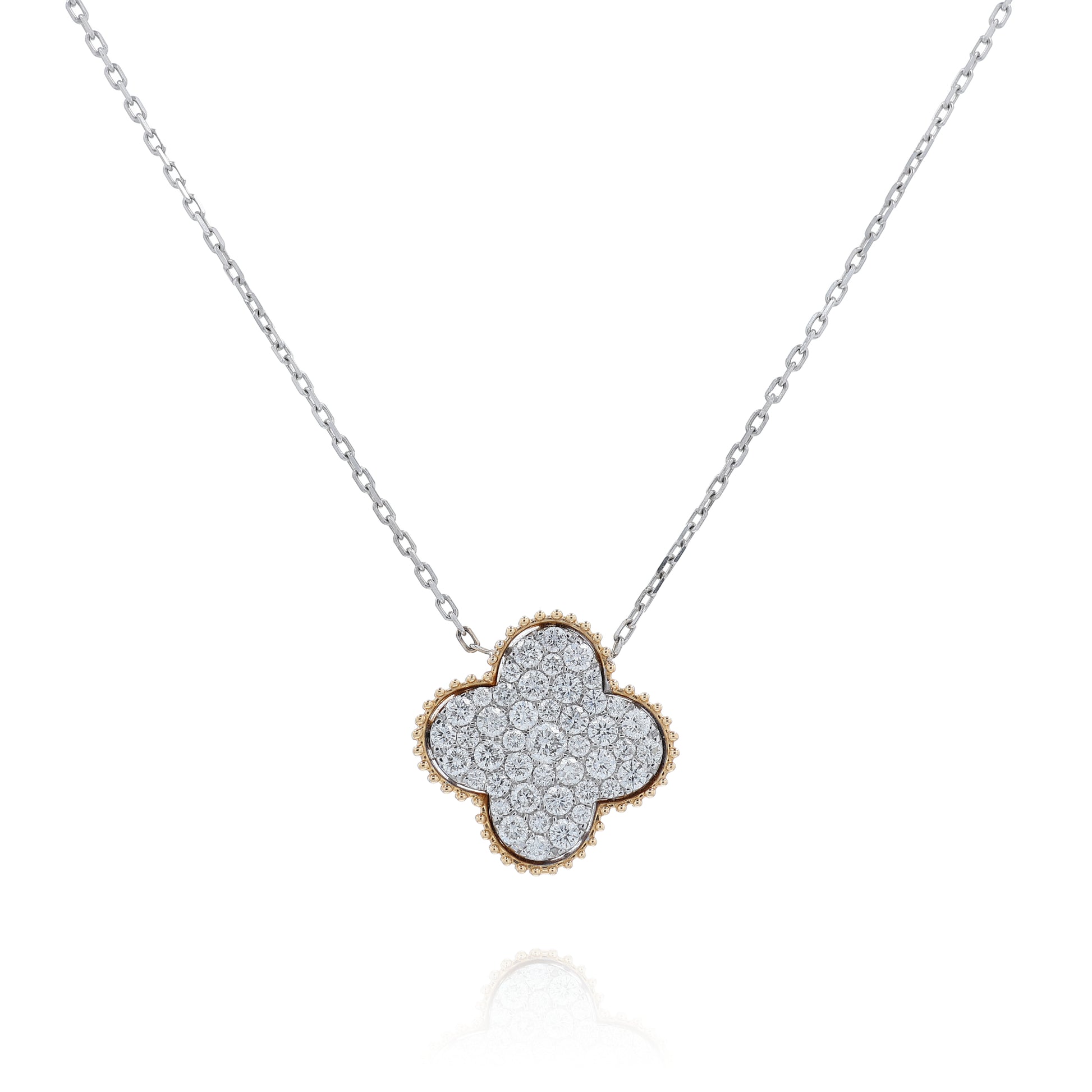14k two-tone beaded edge quatrefoil pave diamond pendant necklace on a white background
